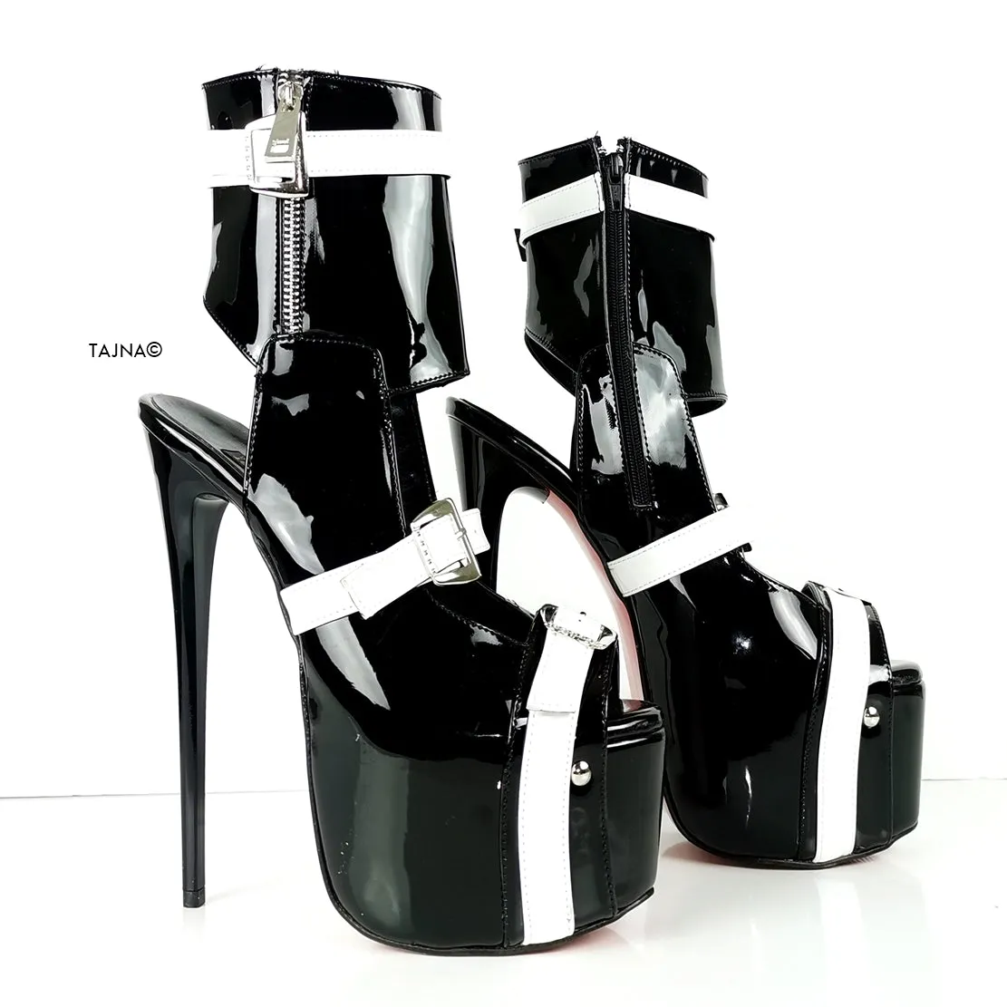 Black White Patent Belted Ankle Heels