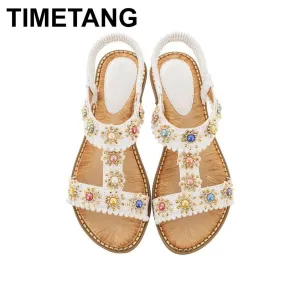 Bohemian Casual Women Sandals Fashion Women Round Toe Crystal Flat Bottom Beach Shoes