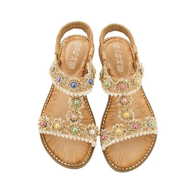 Bohemian Casual Women Sandals Fashion Women Round Toe Crystal Flat Bottom Beach Shoes