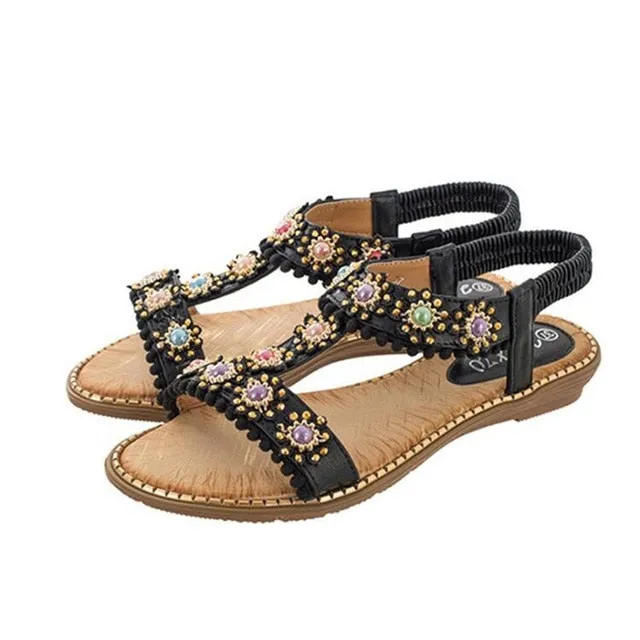 Bohemian Casual Women Sandals Fashion Women Round Toe Crystal Flat Bottom Beach Shoes