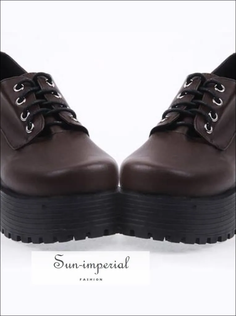 Brown Punk Lace up Oxfords Vegan Leather with Short Block Heel and Chunky Treaded Soles Women Shoes