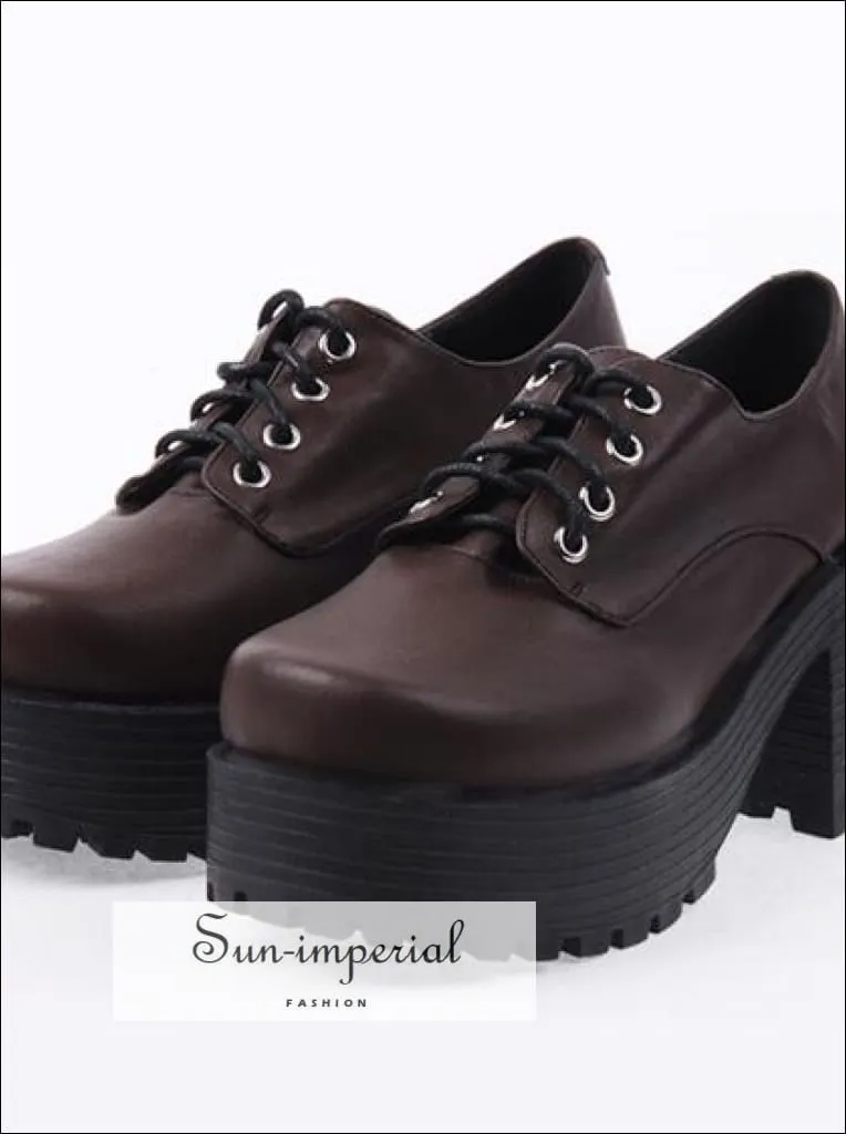 Brown Punk Lace up Oxfords Vegan Leather with Short Block Heel and Chunky Treaded Soles Women Shoes