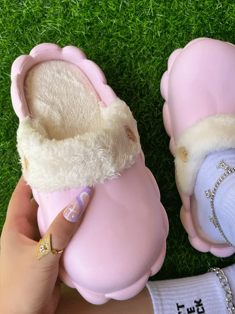 Button Design Plush Slippers