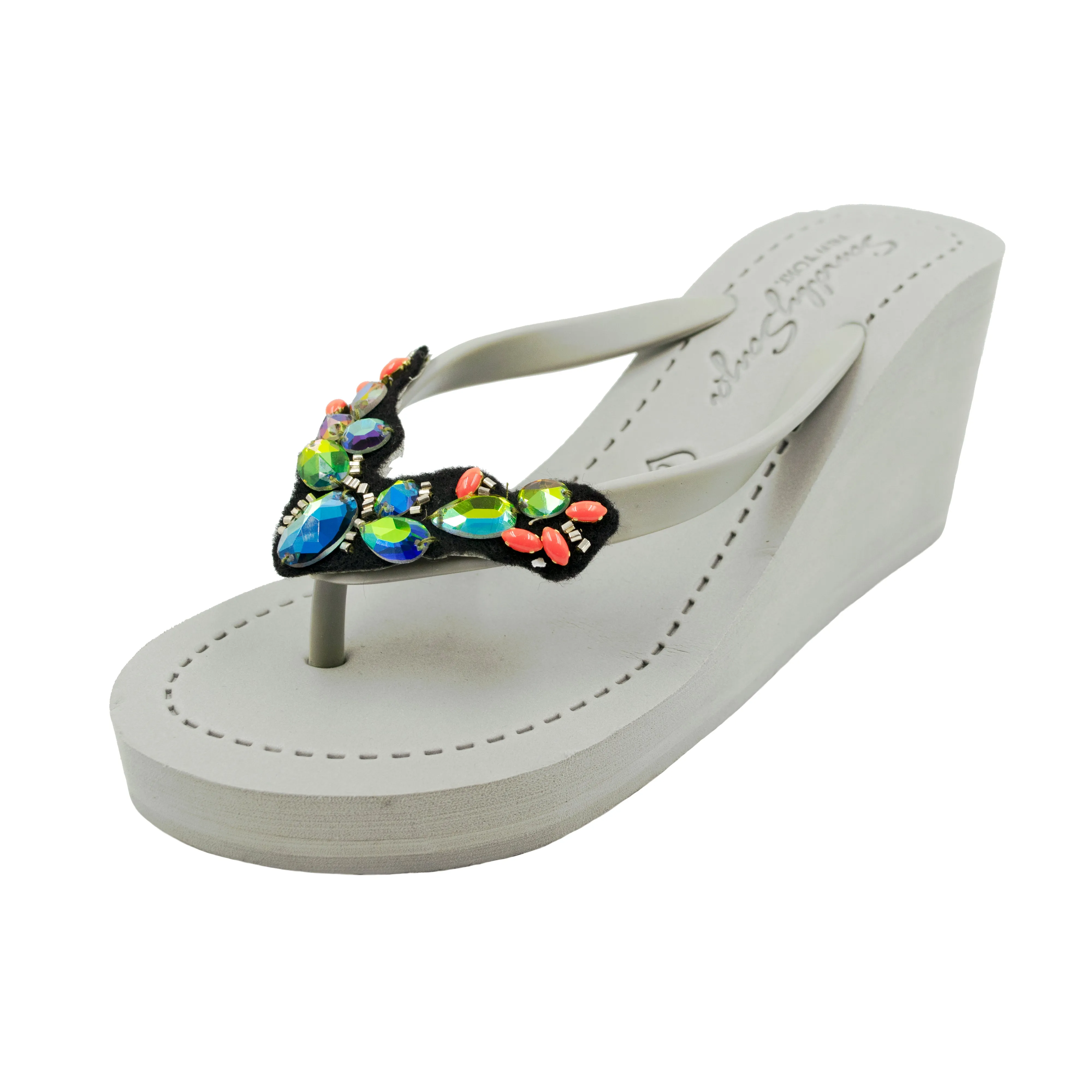 Cactus - Rhine Stone Embroidered High Wedge Flip Flops Sandal