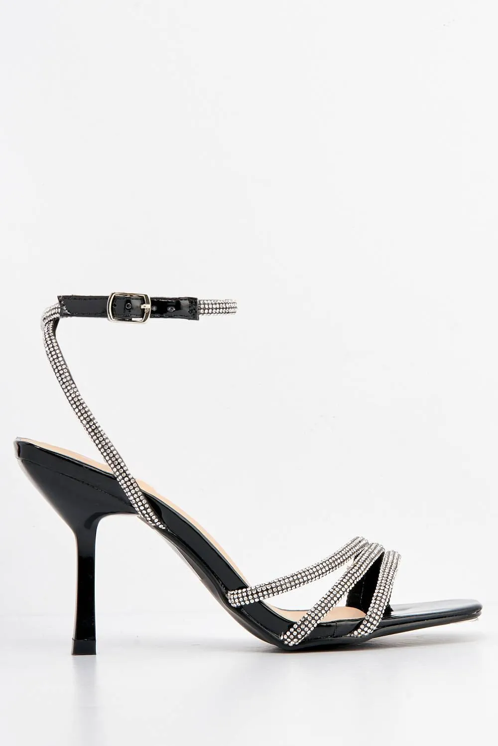 Camina Diamante Embellished 3 Strap Heeled Sandals in Black