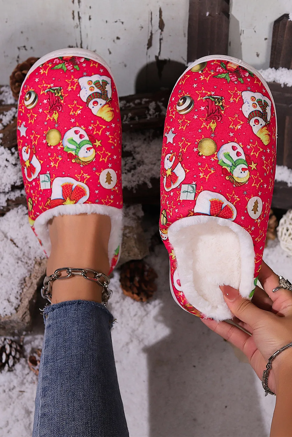 Christmas Slippers Reindeer Snowman Print Elk Fuzzy Winter Slippers