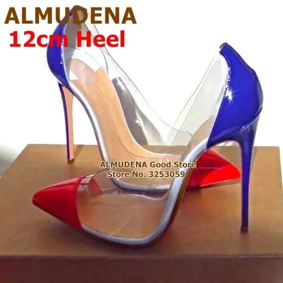 Clear PVC 12cm High Heels Patchwork Pumps Pointed Shoes