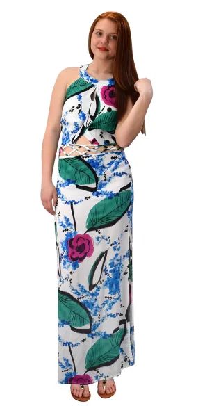 Floral Print Cut Out Waist Side Slit Crochet Tie Back Maxi Dress Gown