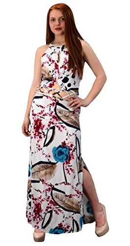 Floral Print Cut Out Waist Side Slit Crochet Tie Back Maxi Dress Gown