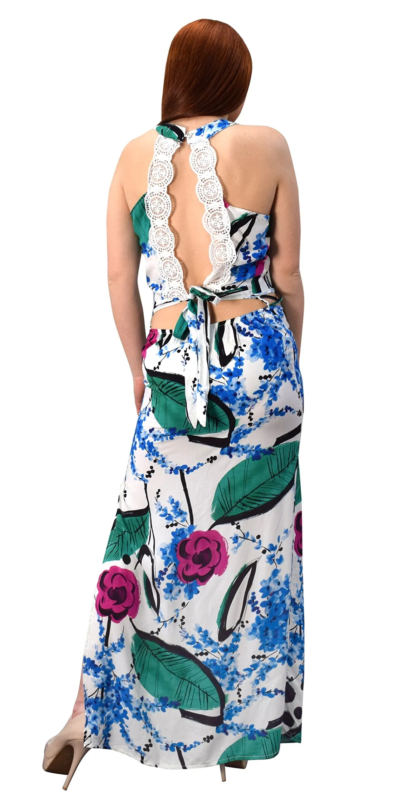 Floral Print Cut Out Waist Side Slit Crochet Tie Back Maxi Dress Gown