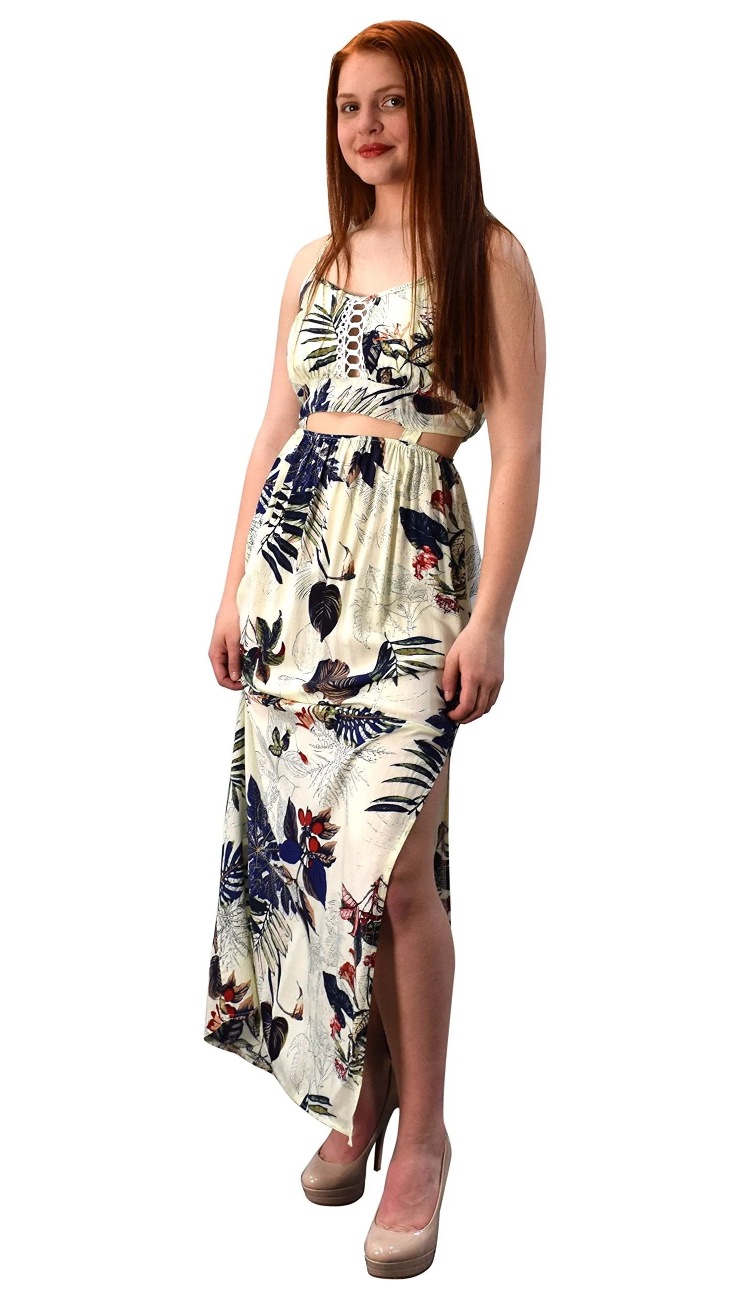 Floral Print Cut Out Waist Spaghetti Strap Side Slit Maxi Dress