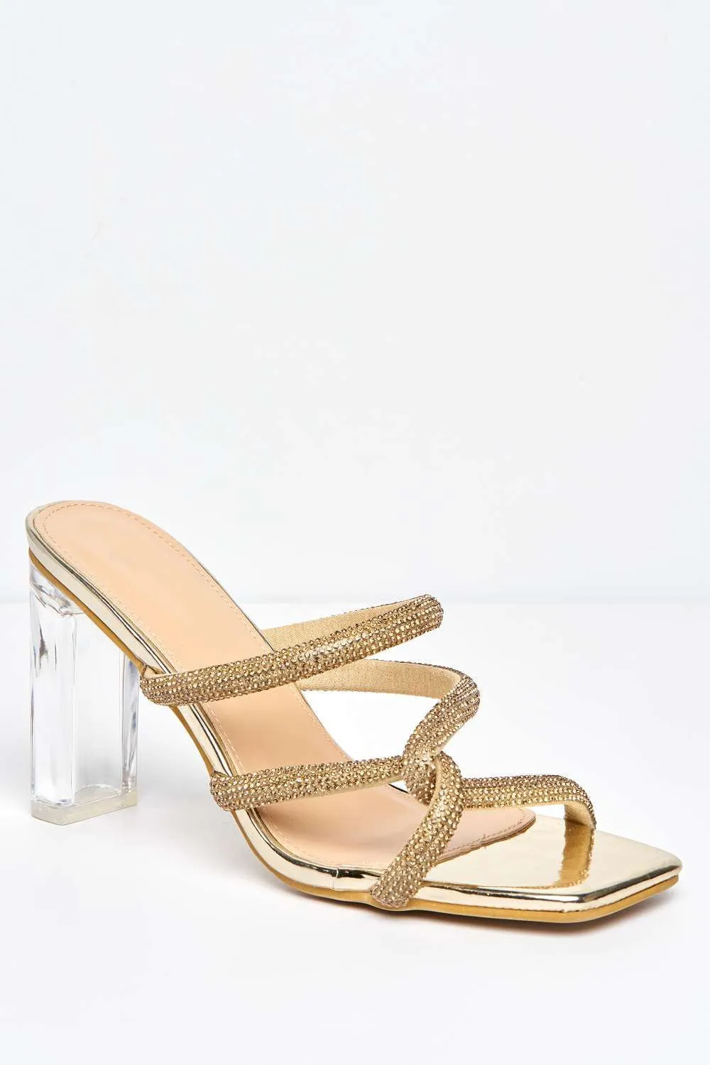 Frida Diamante Embellished Perspex Block Heel Mules in Gold