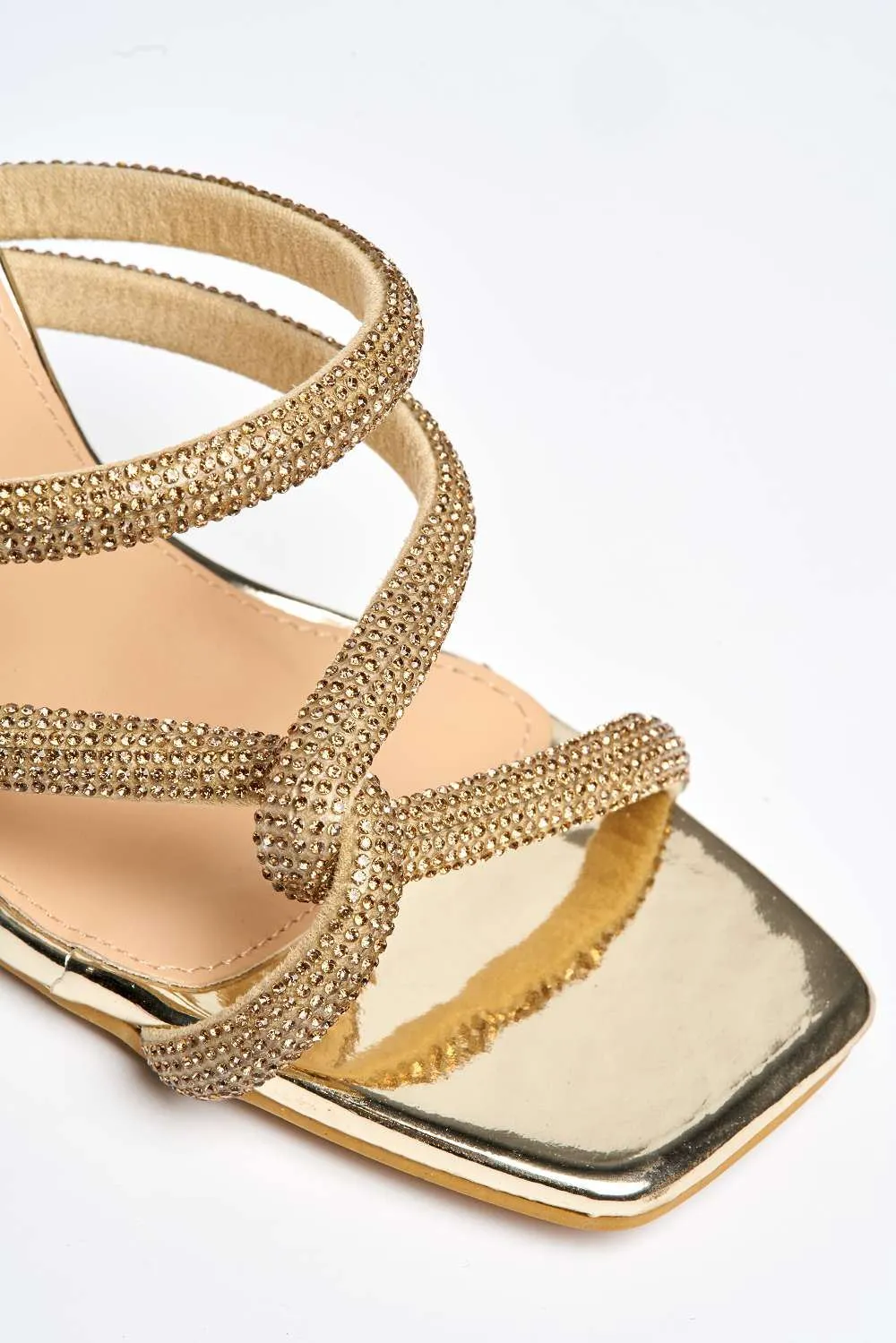 Frida Diamante Embellished Perspex Block Heel Mules in Gold