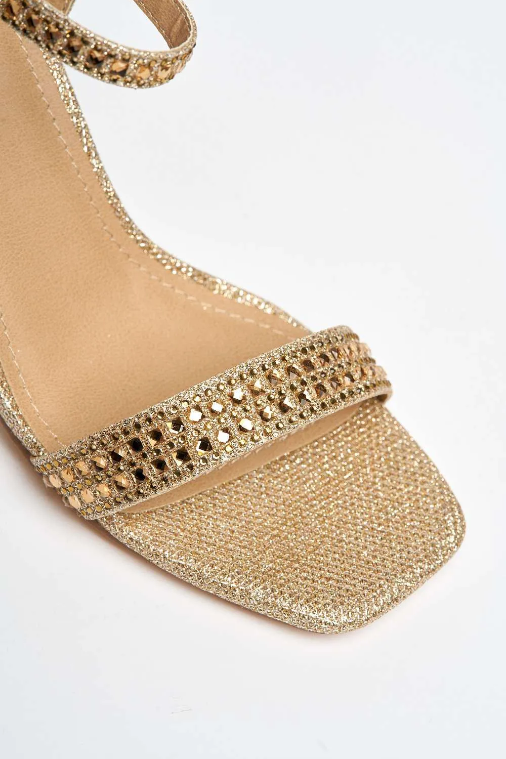 Garla Diamante Embellished Ankle Strap Heeled Sandals in Gold