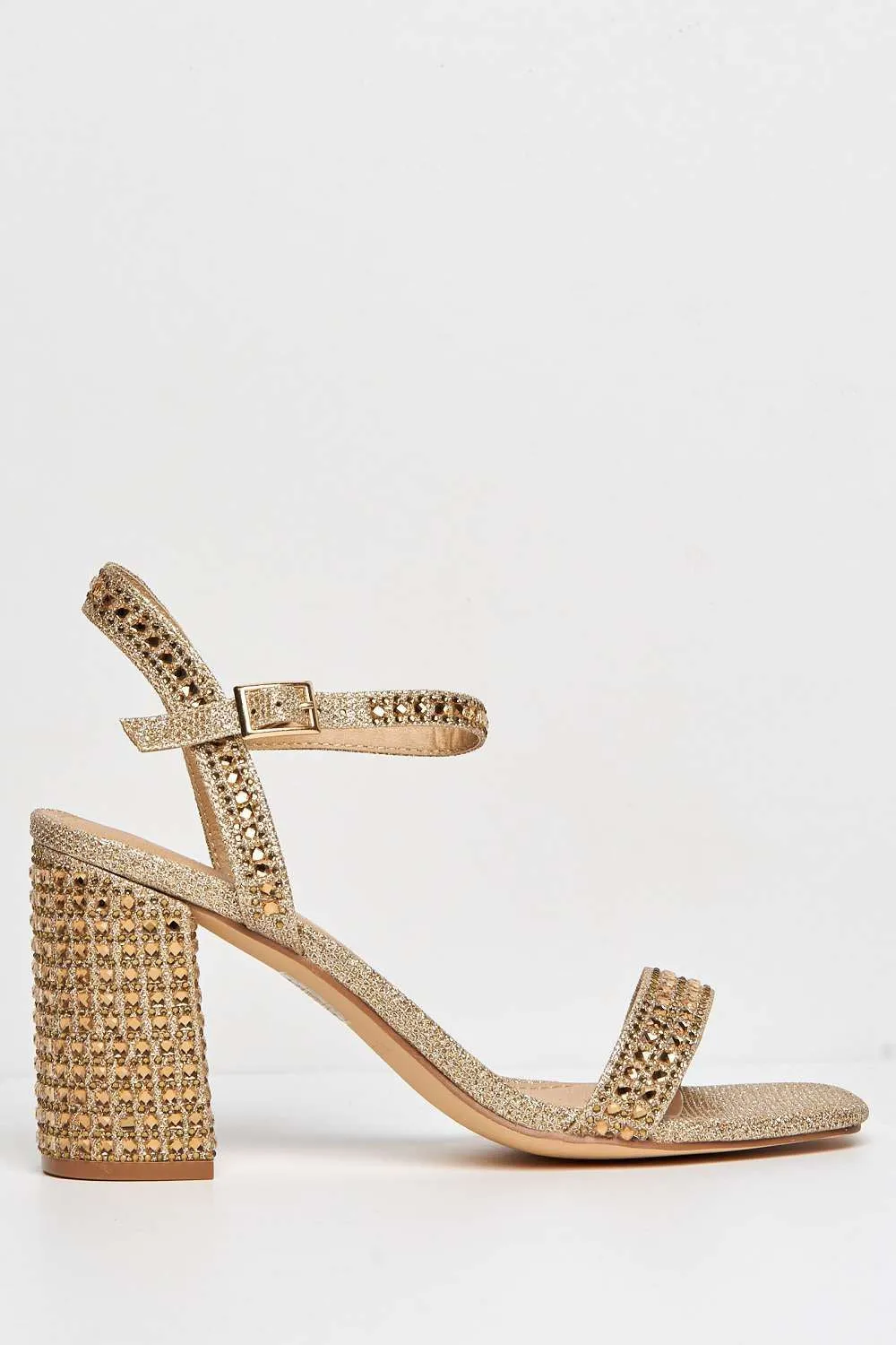 Garla Diamante Embellished Ankle Strap Heeled Sandals in Gold