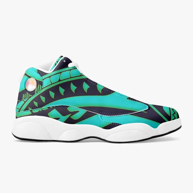 High-Top Leather Basketball Sneakers - White - Polynesian Graphic Style Cyan with Blue