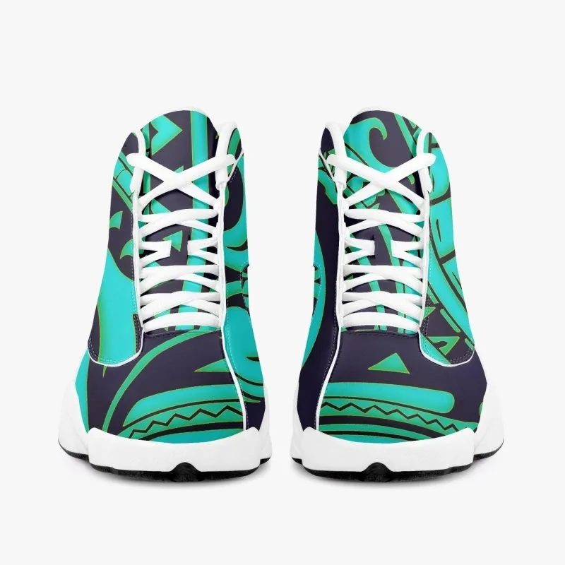 High-Top Leather Basketball Sneakers - White - Polynesian Graphic Style Cyan with Blue