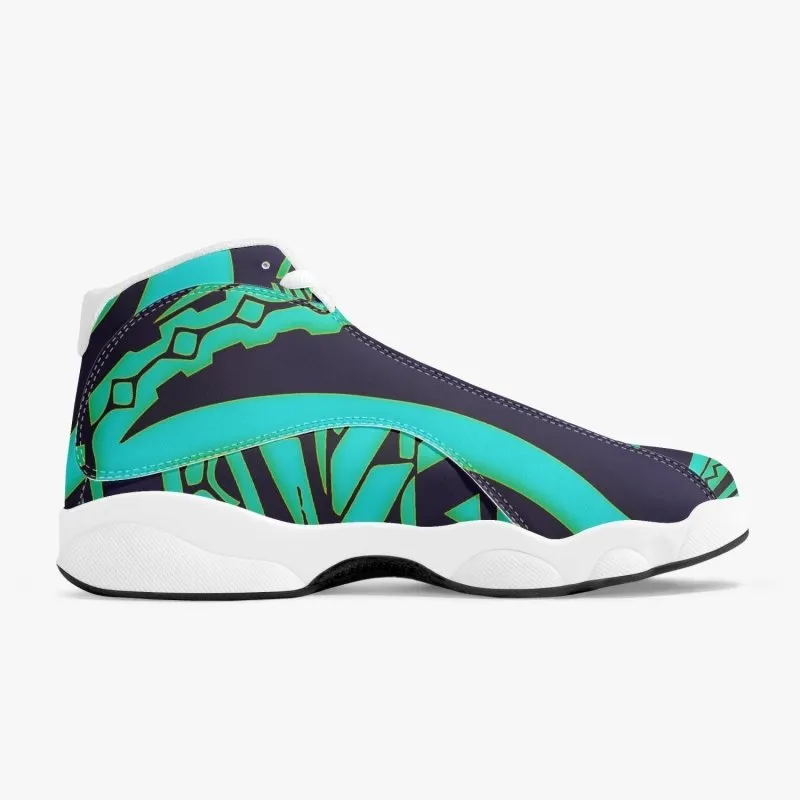 High-Top Leather Basketball Sneakers - White - Polynesian Graphic Style Cyan with Blue