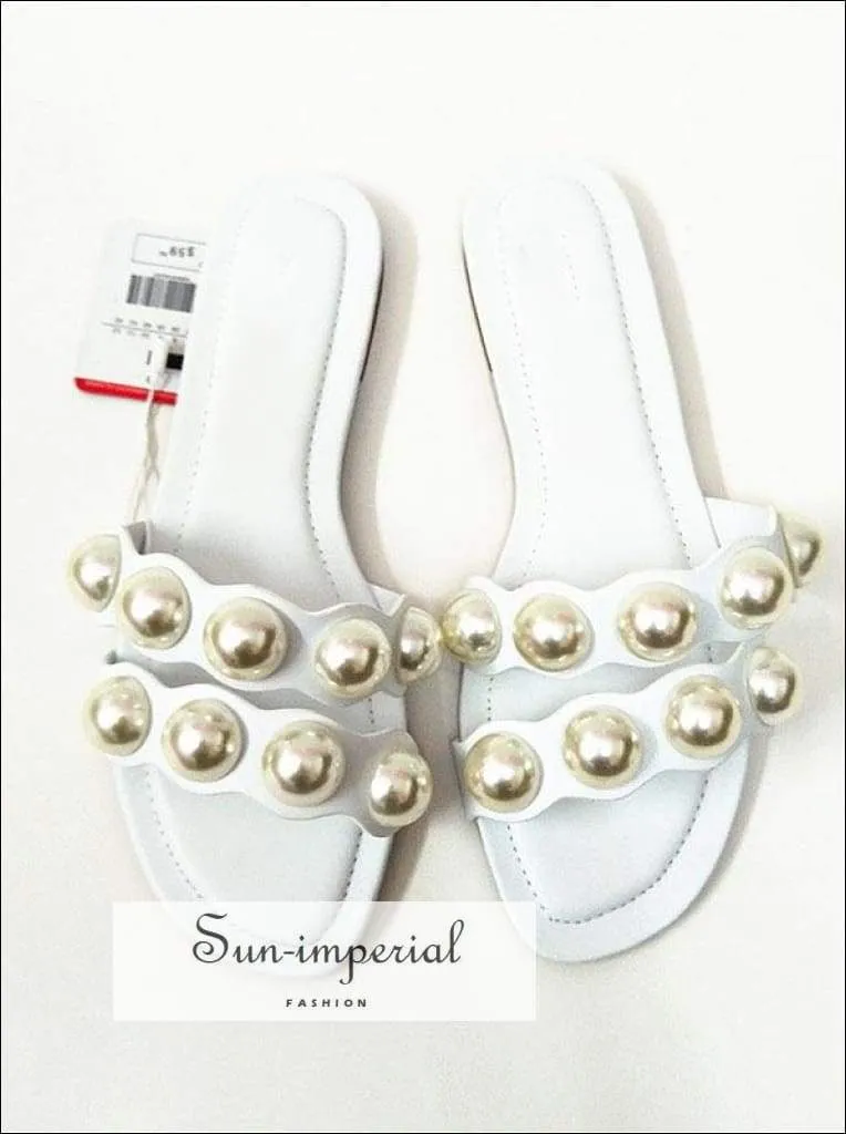 Light Blue Double Band Pearl Flats Sandals Casual Beach Slide Flip Flops Slippers