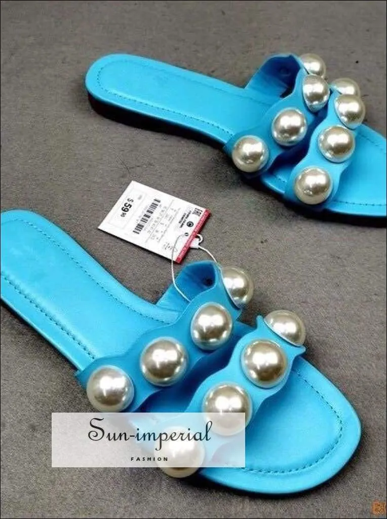 Light Blue Double Band Pearl Flats Sandals Casual Beach Slide Flip Flops Slippers