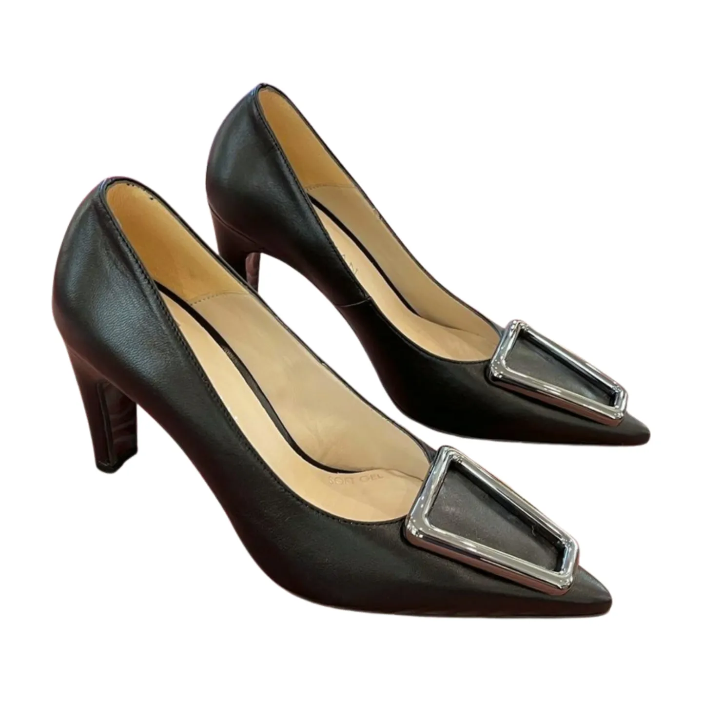 MARIAN Black Leather Pointed Toe Court with Pewter Buckle