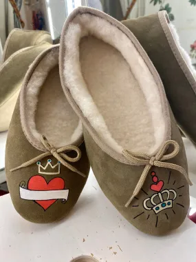 Monogrammed Suede Slippers - Khaki