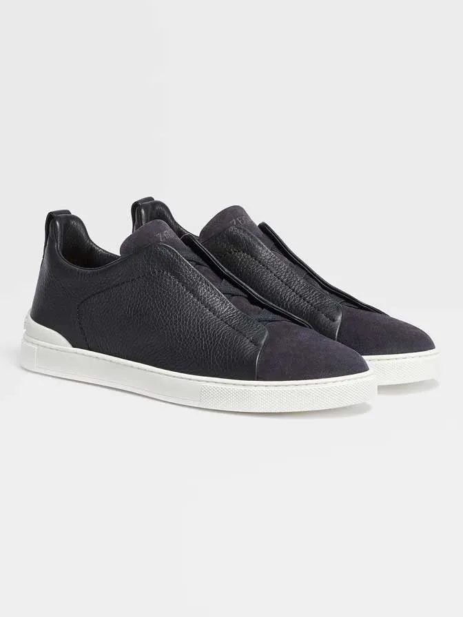 Navy Blue Grained Leather  and Suede Triple Stitch Sneakers