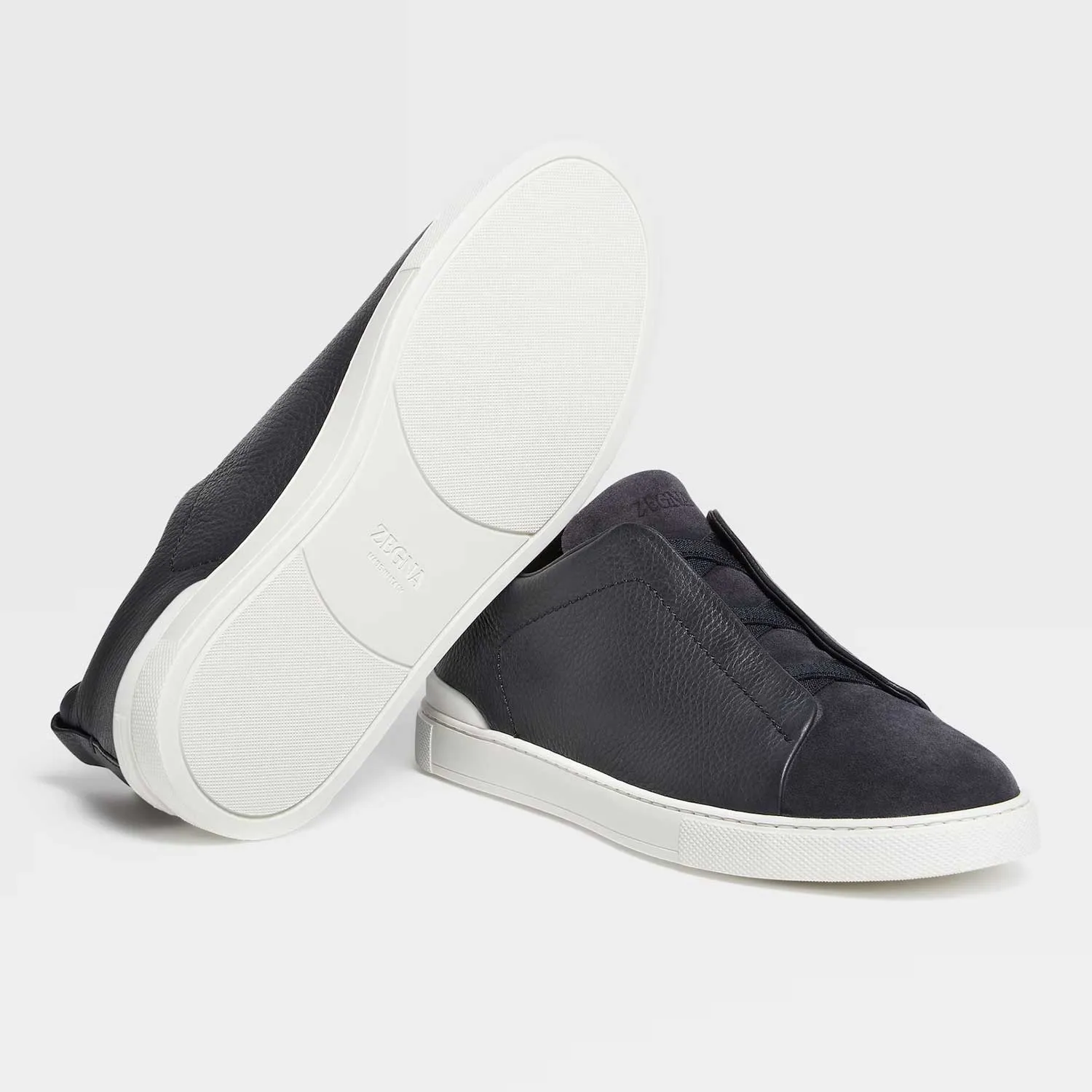 Navy Blue Grained Leather  and Suede Triple Stitch Sneakers