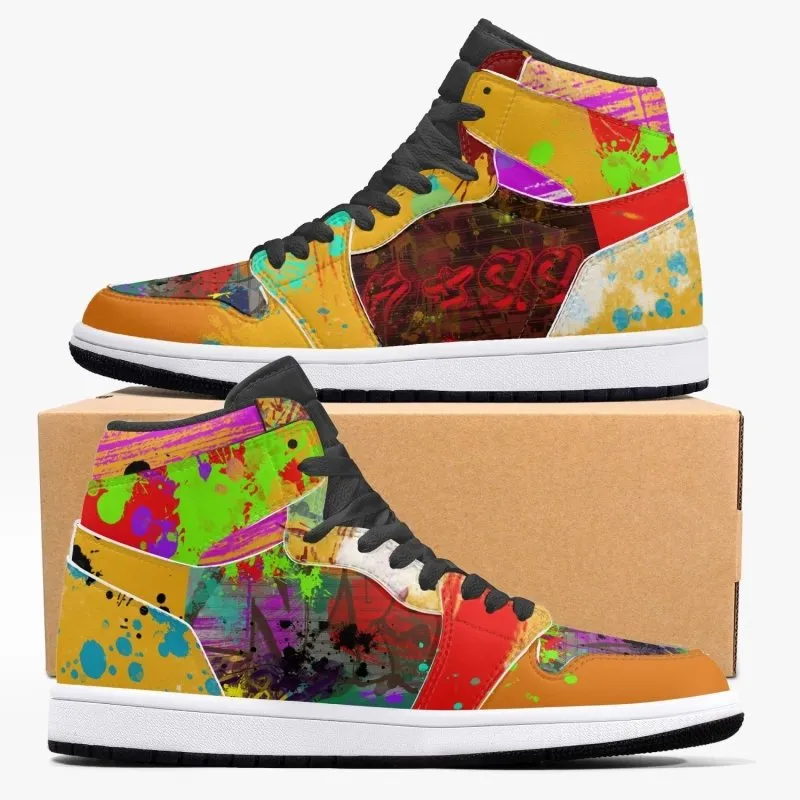 New Black High-Top Leather Sneakers - Graffiti style