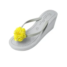 Noho Yellow Flower -  Sequence Embellished Women's High Wedge Flip Flops