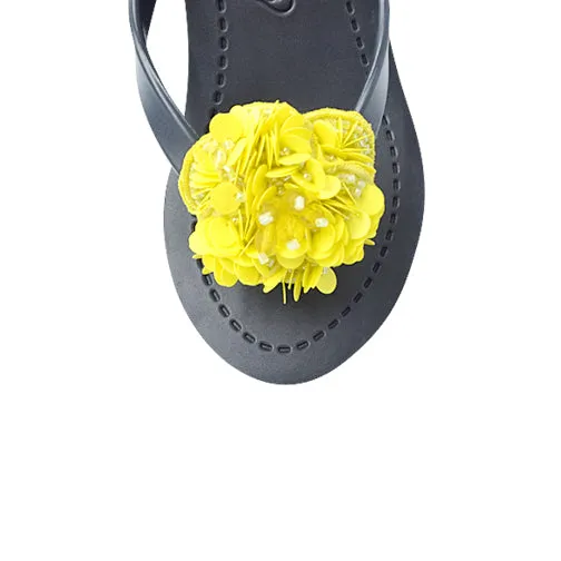 Noho Yellow Flower -  Sequence Embellished Women's High Wedge Flip Flops