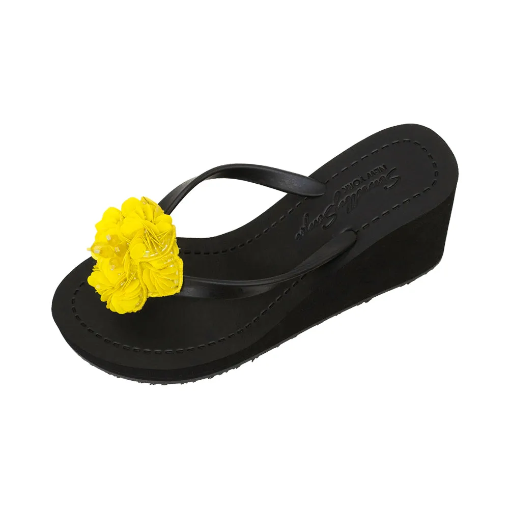 Noho Yellow Flower -  Sequence Embellished Women's High Wedge Flip Flops