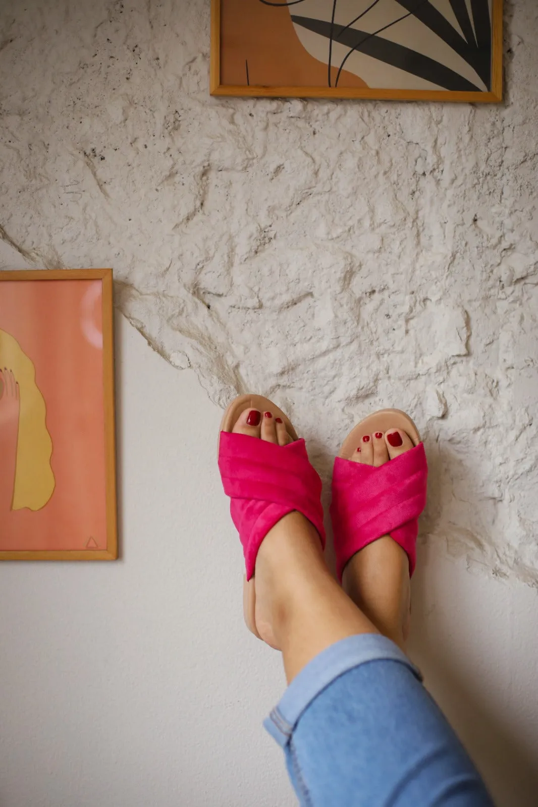 Quilted Suede Criss Cross Slippers Fuschia