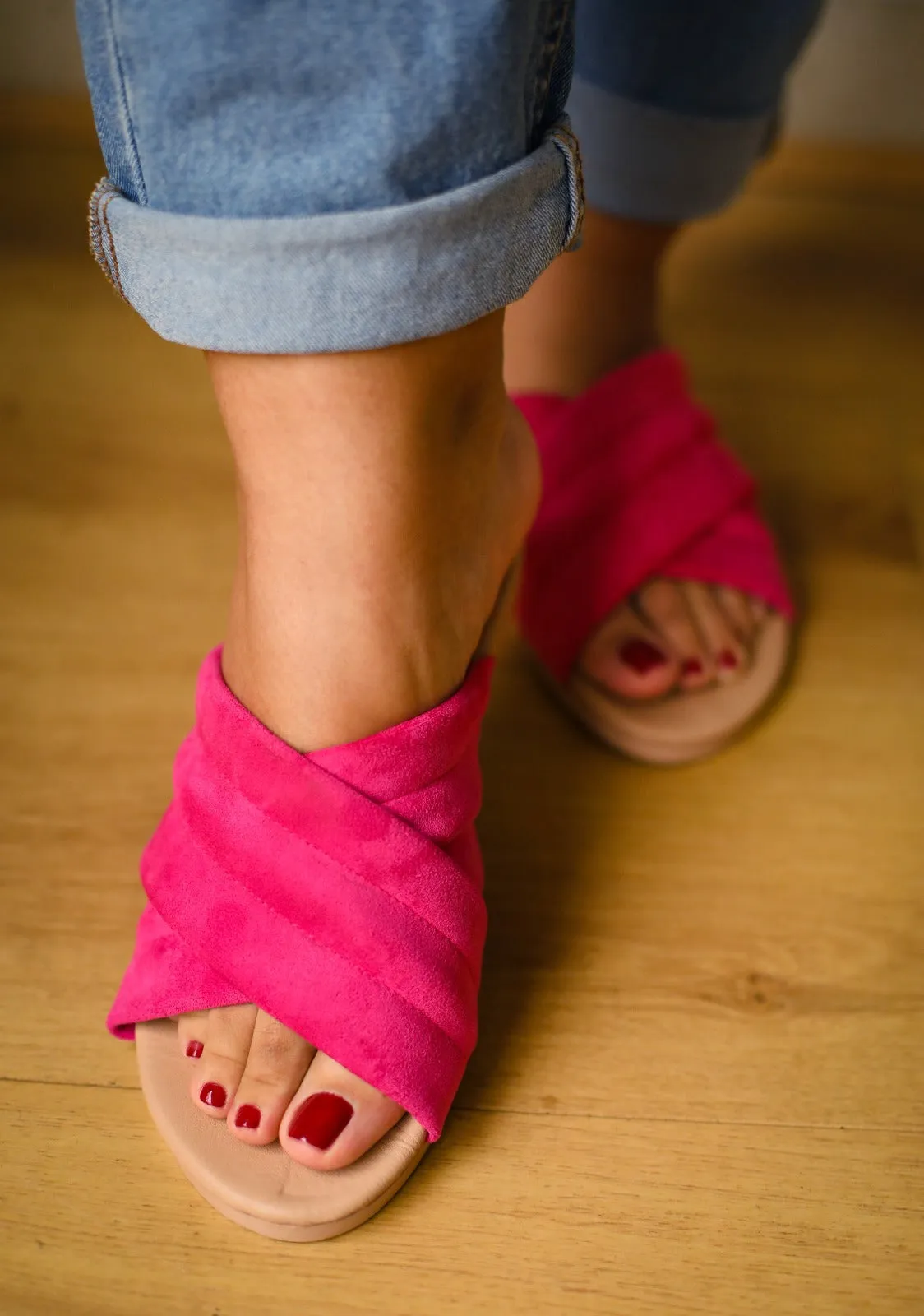 Quilted Suede Criss Cross Slippers Fuschia