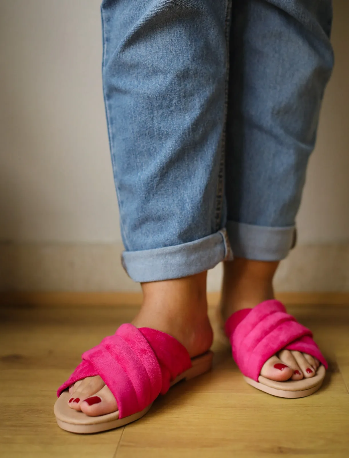 Quilted Suede Criss Cross Slippers Fuschia