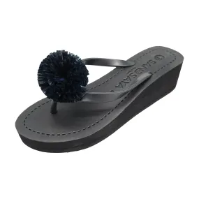 Raffia Pom Poms - Mid Wedge Flip Flops Sandals