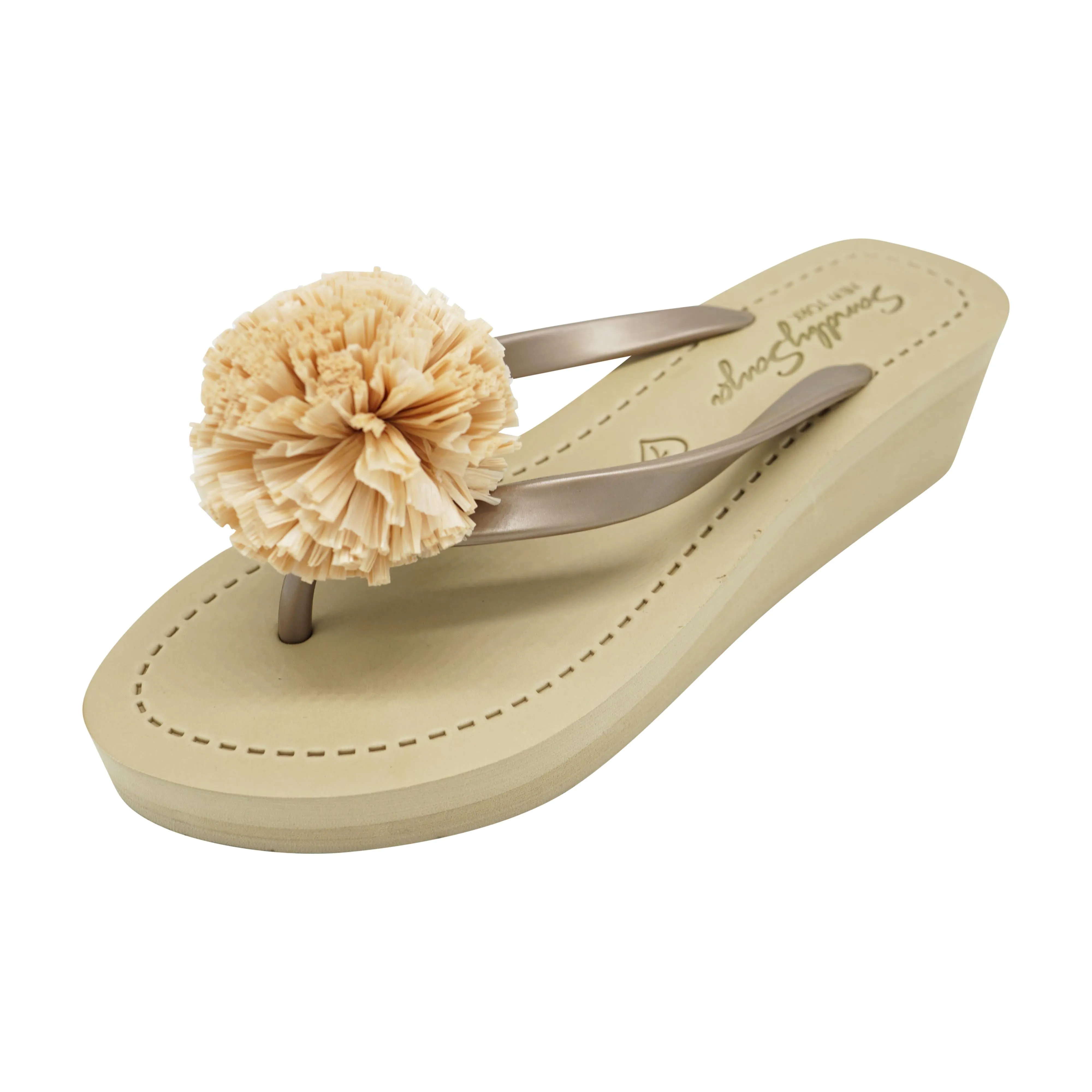 Raffia Pom Poms - Mid Wedge Flip Flops Sandals