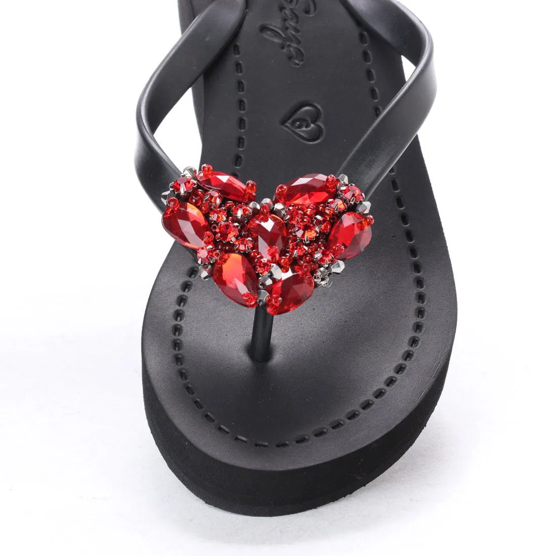 Red Heart - Rhinestone Mid Wedge Flip Flops