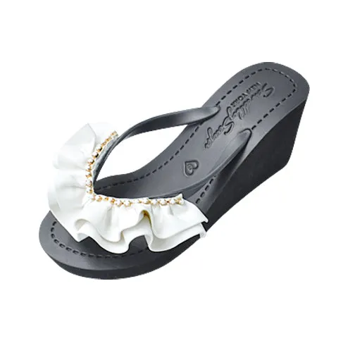 Ruffle rhinestone Rockaway White - Embroidered High Wedge Flip Flops