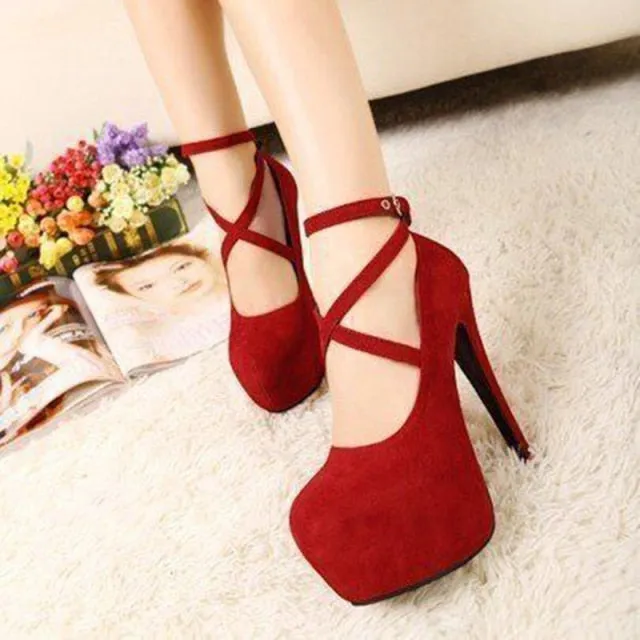 Shoes Woman Pumps Cross-Tied Ankle Strap Wedding Party Shoes Platform Dress Women Shoes High Heels Suede Ladies Shoes Plus Size