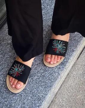 The Palms Embroidered Slippers Black