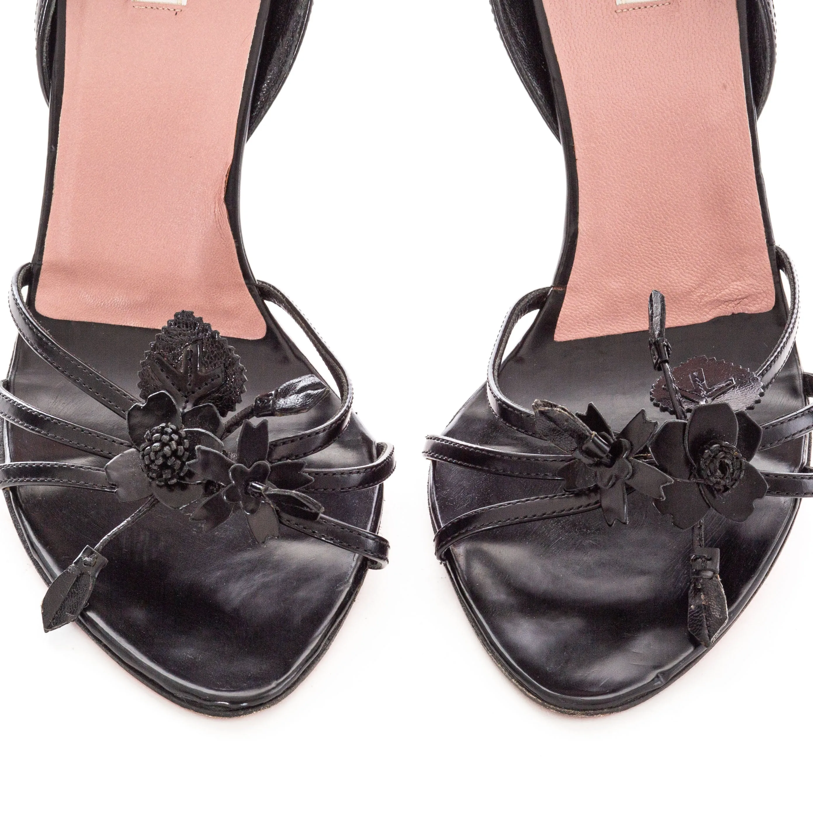 Vintage Black Leather 3D Floral Sandals 38