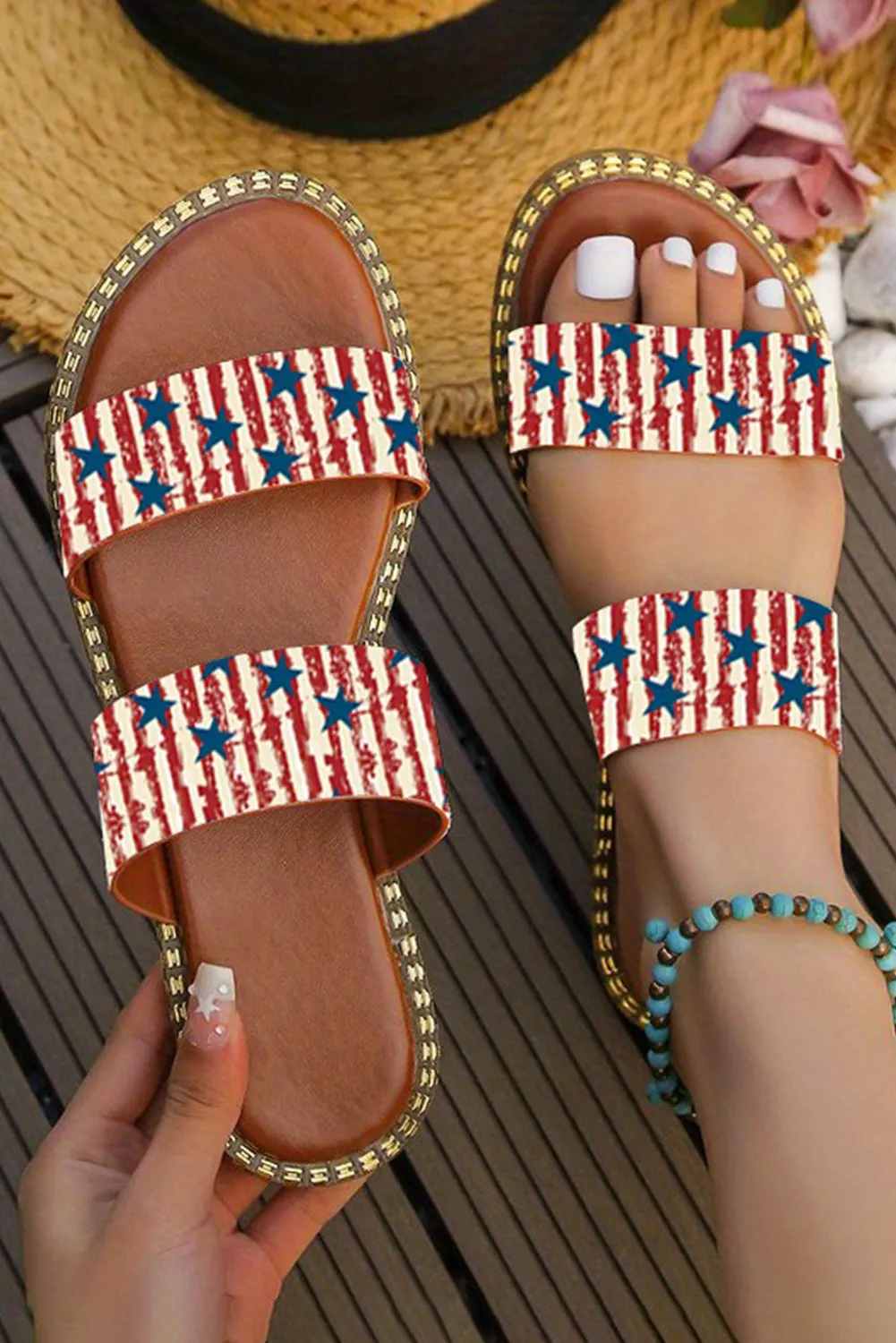 Women Shoes Rhinestone American Flag Thick Sole Slippers