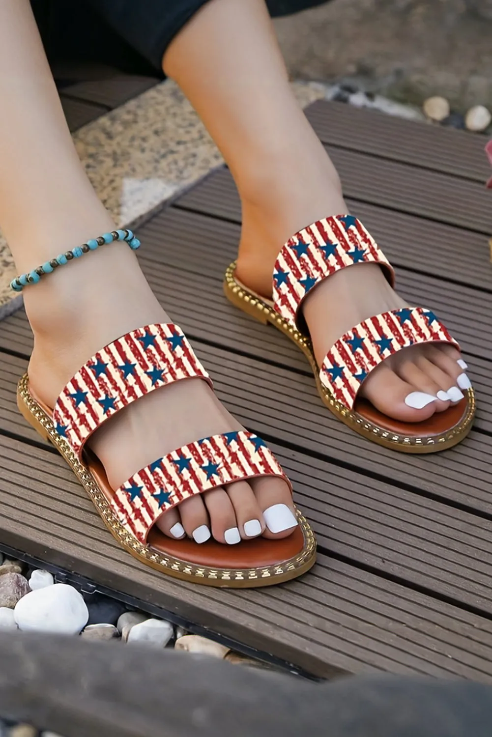 Women Shoes Rhinestone American Flag Thick Sole Slippers