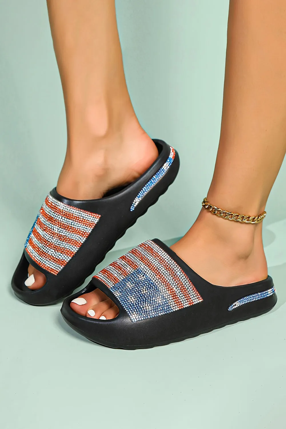 Women Shoes Rhinestone American Flag Thick Sole Slippers